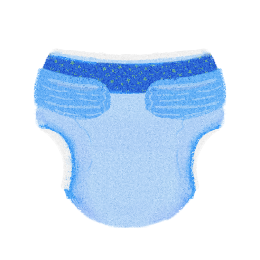 a blue adult diaper. It has a blue waistband with yellow stars. The diaper has two blue tabs to keep it closed.